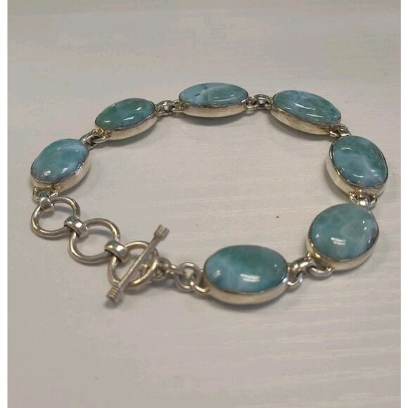 Larimar Sterling Silver 925 Oval Bezel Set Toggle Clasp Tennis Bracelet 7-8.5" - Picture 3 of 6